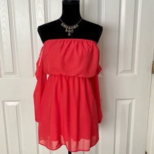 Breezy, flowy coral pink off the shoulder dress